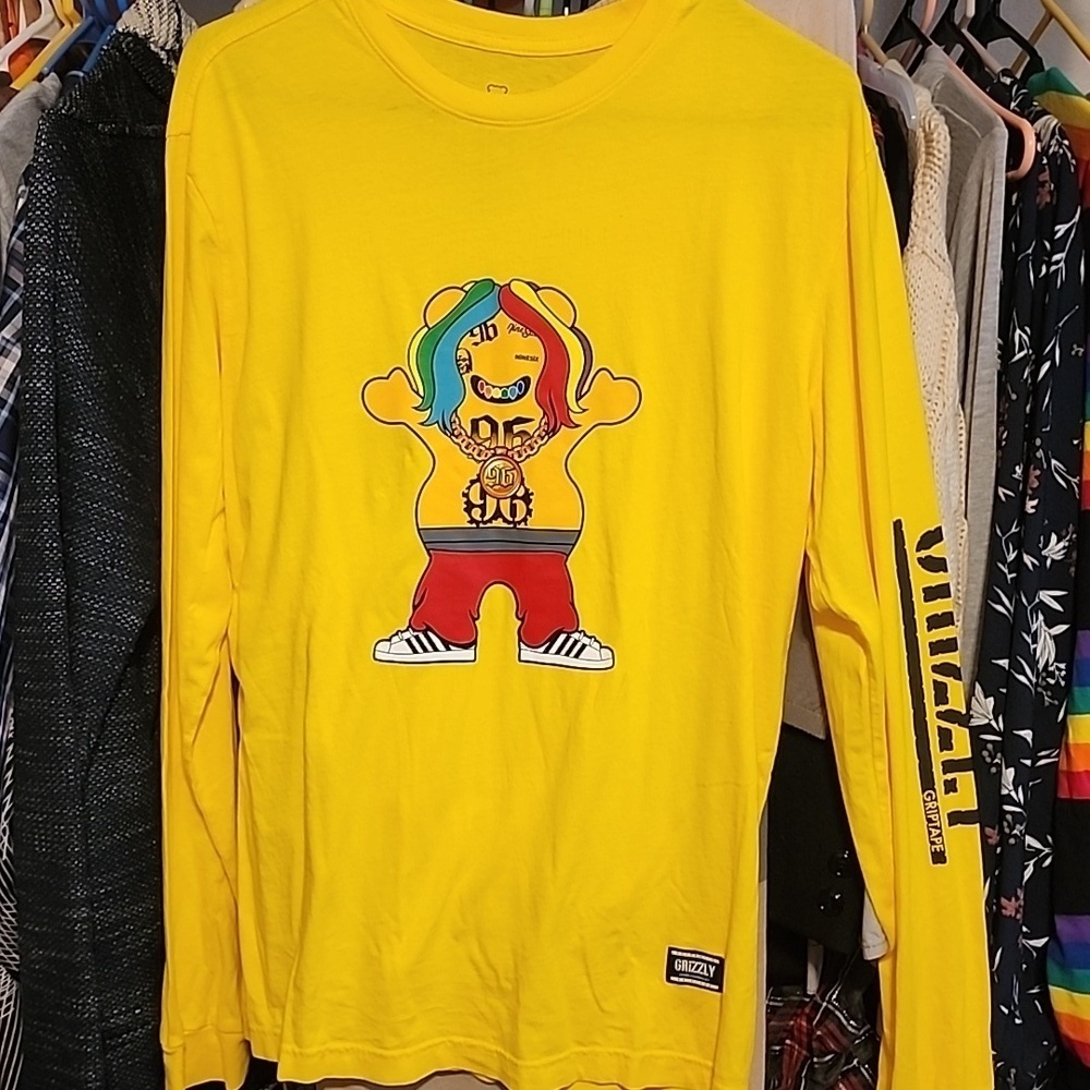 NWOT Grizzly Tekashi 6ix9ine 96 Bear on Yellow Long Sleeve Tee - Size M New